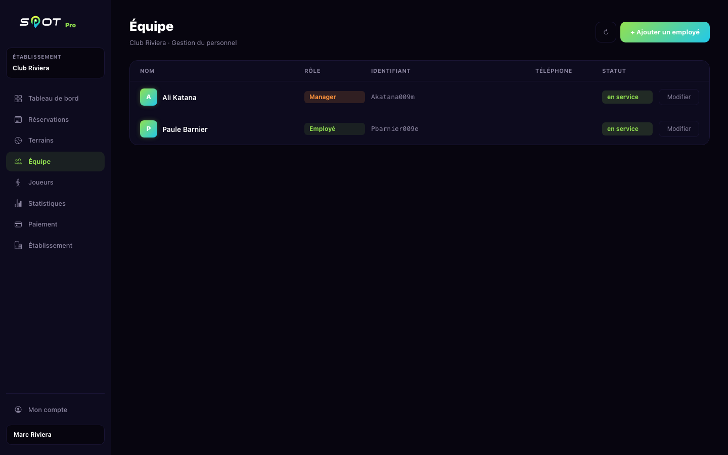 SPOT gérant — gestion de l'équipe