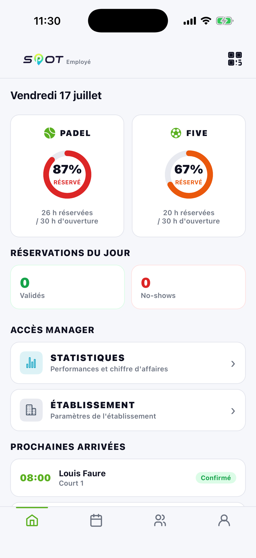 App SPOT Pro Employé — accueil du club