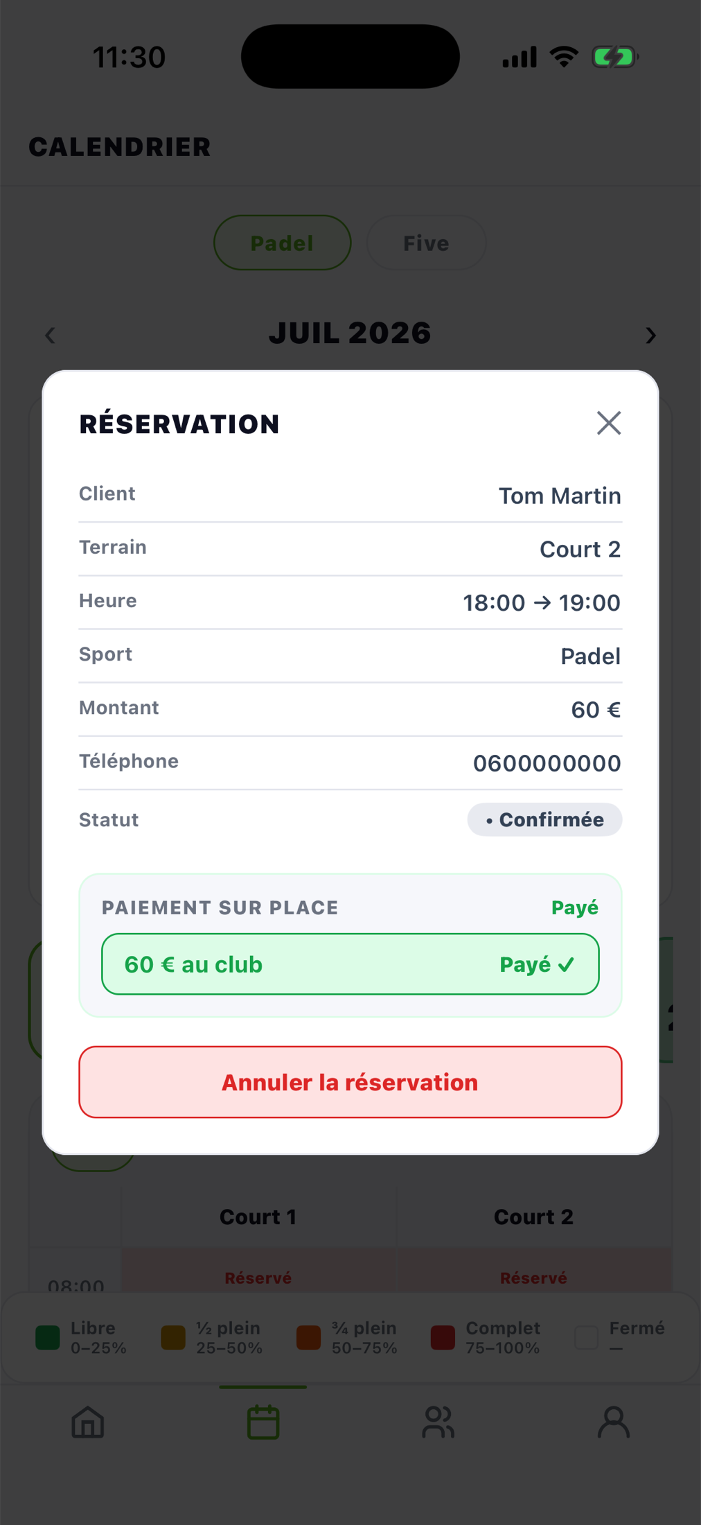App SPOT Pro Employé — fiche réservation client